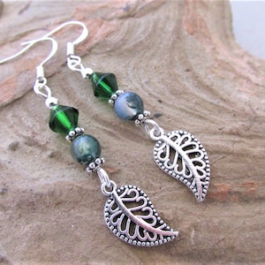 Moss agate leaf earrings drop dangle beaded green agate gemstone sterling silver Wicca pagan witchy jewelry earrings gifts