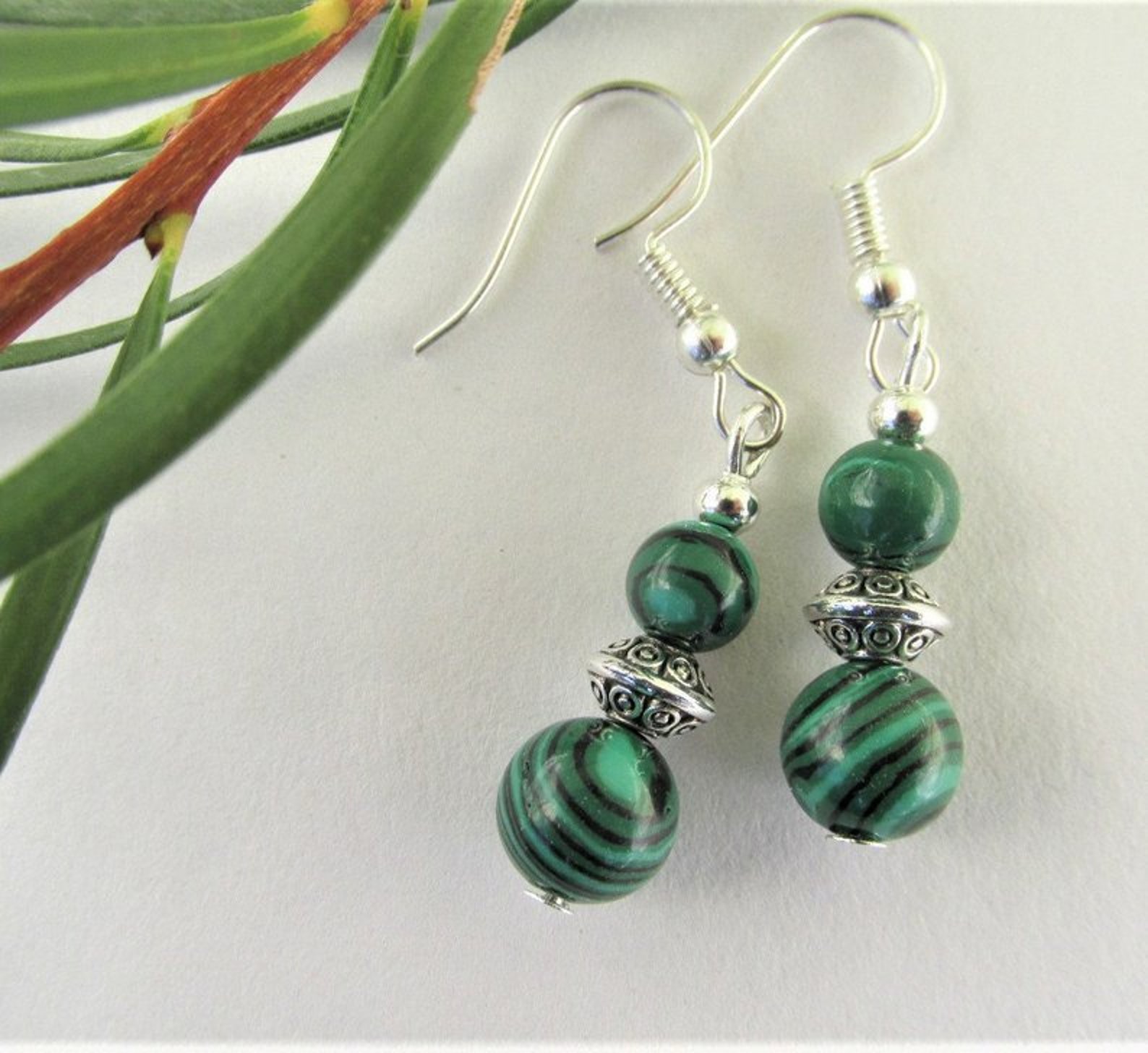 Malachite Earrings Malachite Drop Earrings Beaded Gemstone Etsy