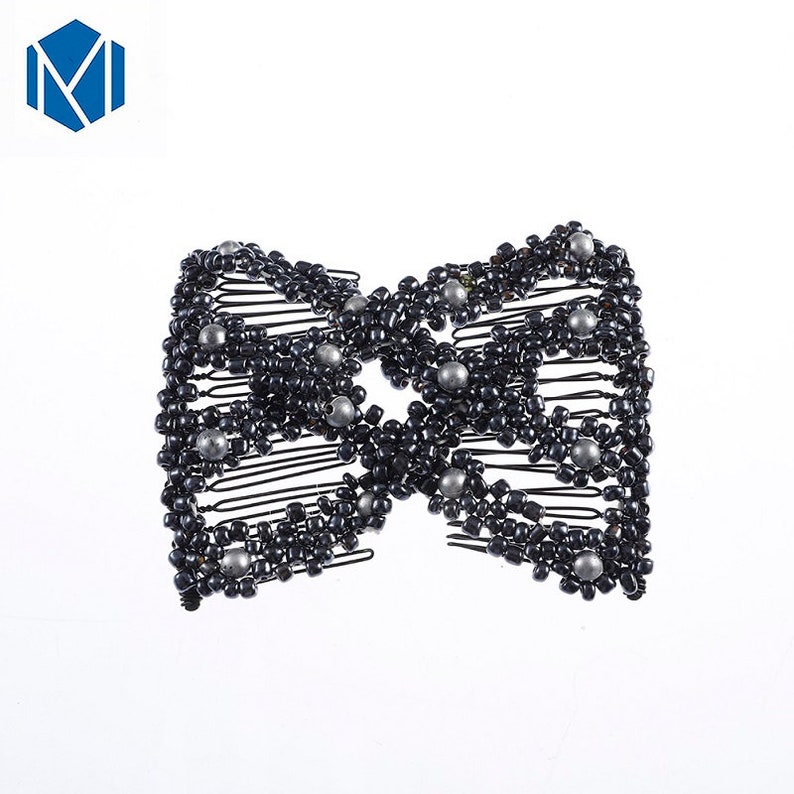 Women Pearl Beads Elastic Hair Combs Double Slide Magic Bun Etsy