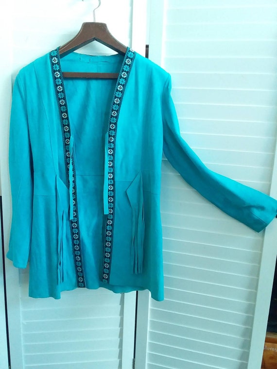 Turquoise suede fringed 70s jacket