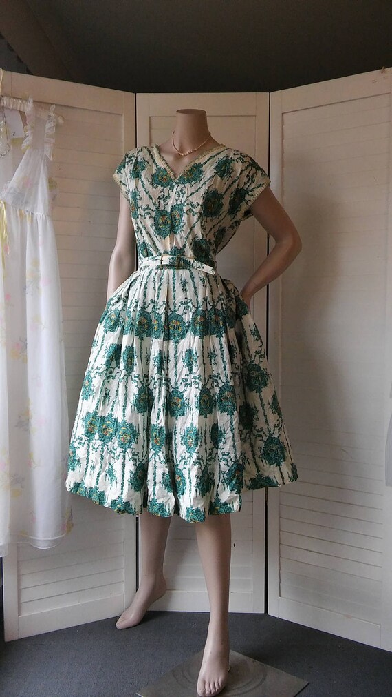 1940's white green& bluecotton sundress full circl