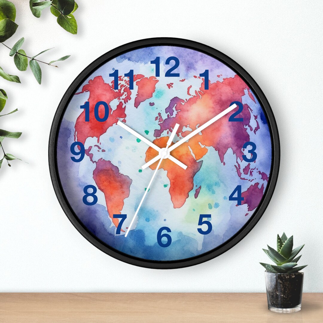 10 Round Wall Clock World Map Clock Colorful Wall Etsy
