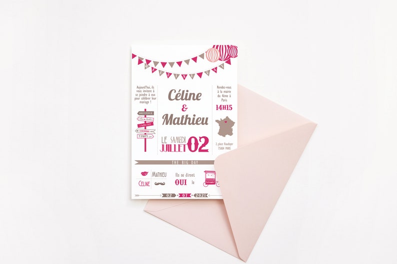 Faire part mariage vintage. Wedding rustic, mariage champêtre Paris, tour effeil, fanions, couleurs pop, fuschia format recto-verso image 1