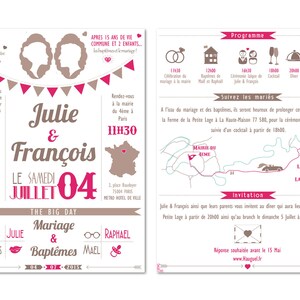Faire part mariage vintage. Wedding rustic, mariage champêtre Paris, tour effeil, fanions, couleurs pop, fuschia format recto-verso image 2