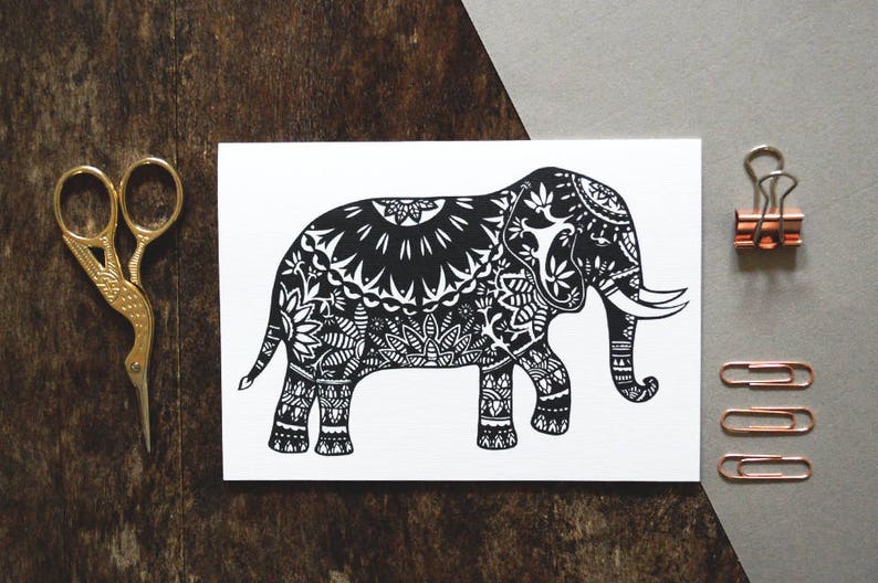 Elephant Greeting Card monochrome Papercut illustration Animal card Greeting card Elephant Card floral pattern luxury card image 1