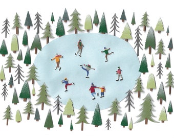 Ice skaters print | art print | ice skaters | illustration | skating | collage | wall art | outdoors | ice skating | winter scene |