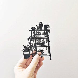 Taglio di carta fatto a mano / piante d'appartamento / papercut / interni / decorazioni per la casa / contemporaneo / silhouette / botanico / scala / cactus / paperart