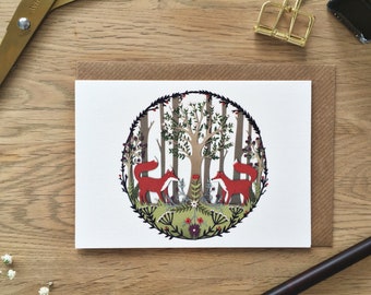 Fox Greeting Card | Papercut illustration| Collage | Birthday card | Woodland | foxes \ fox illustration | folk art