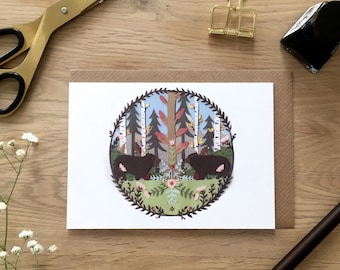 Bear Greeting Card | Papercut illustration| Collage | Birthday card | Woodland | bears | luxury card | folk art