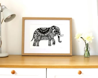 Patterned Elephant Print | A4 sized | 21 x 30 cm | Wall art | Home decor | Illustration | Animal Print | Illustrated print | Elephant