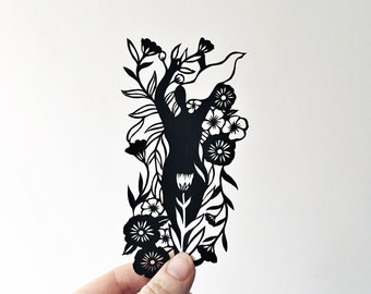 Papercut | self compassion | nude | illustration | minimalist art | contemporary art | personal growth | woman | nature | bloom | floral