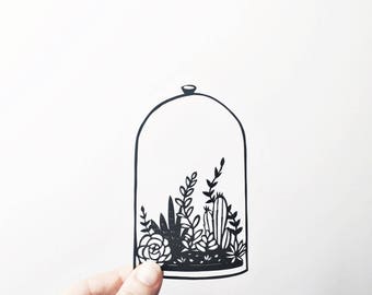 Papercut | bell jar | handmade | unique art | gifts for plant lovers | succulents | terrarium | wall art | botanical | paperart | cactus