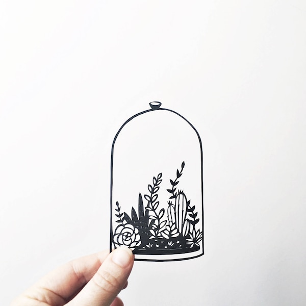 Papercut | bell jar | handmade | unique art | gifts for plant lovers | succulents | terrarium | wall art | botanical | paperart | cactus