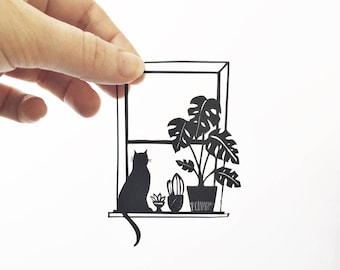 Handmade papercut | cat | papercut | houseplants | silhouette | plants | home | wall art | illustration | cheese plant | monstera Deliciosa