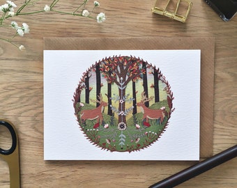 Deer Greeting Card | Papercut illustration| Collage | Birthday card | Woodland | deer  \ deer illustration | folk art