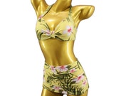 Tiki Vintage two piece designer Bikini High Waist Pin Up Rockabilly 1950 39 s 1940 39 s Retro Panty Hibiscus Flower Hawaii pattern ruffled pantie
