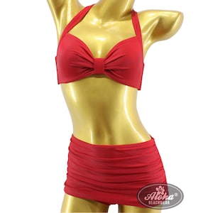 Women's Vintage Bikini high waisted Pin Up Rockabilly 50's 40's Retro panty ruffled uni plain red