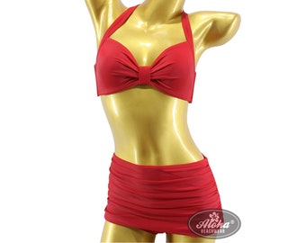 Damen Vintage Bikini hoch tailliert Pin Up Rockabilly 50er 40er Retro Höschen gerüscht uni einfarbig rot