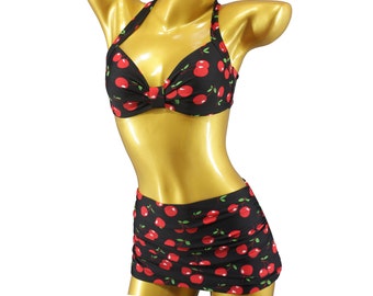 Cherry Print Vintage Bikini: High Waisted Rockabilly Swimsuit