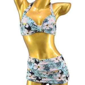 Tiki Vintage two piece designer Bikini High Waist Pin Up Rockabilly parrot toucan Retro Panty Hibiscus Flower Hawaii pattern ruffled pantie