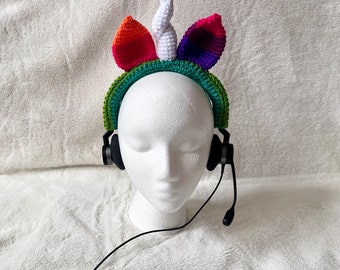 Rainbow Unicorn Professional Headset Cover, Crocheted Unicorn Call Center Headset Headband Cozy, Adult, Free Shipping - Ready to Ship Now