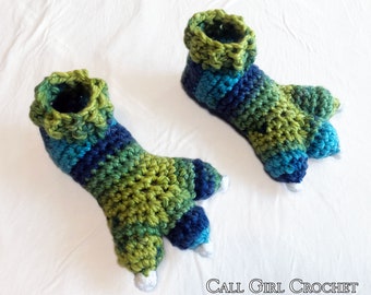 Kids Dragon Slippers / Dinosaur Slippers / Monster Slipper Socks, Size 8 - 9, Green and Blue Colors, Crocheted, Ready to Ship, Free Shipping