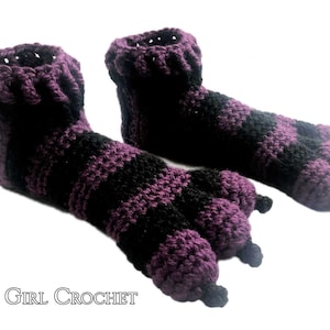 Made to Order Spooky Monster Slippers, Purple & Black Striped Dragon Slippers, Crocheted Dinosaur Slippers, Child to Adult Size, Free Ship