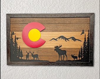 Bandera de Colorado de madera natural - Regalo de Colorado - Bandera de madera de Colorado - Arte mural de Colorado - 2Moose Design