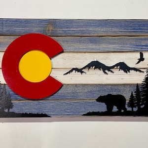 Colorado Wood Flag - 9x17&quot; Rustic Nature Bear Design  - Colorado Gift - Colorado Mountain Wall Art - Wooden Colorado Flag