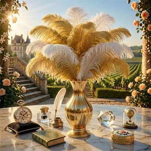 Peut inclure: Un vase doré rempli de plumes blanches et dorées, accompagné d'une montre de poche dorée sur un coussin noir, d'un encrier en verre avec une plume, d'un livre vert, d'un cristal facetté, d'une petite boîte dorée et d'une montgolfière sous cloche.
