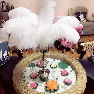 May include: A white ostrich feather centerpiece on a round table with a decorative base. The table is decorated with white pebbles, green leaves, and colorful lotus flowers.