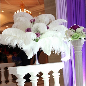 May include: White ostrich feathers arranged in a vase with purple flowers. The feathers are displayed on a white pedestal with a purple backdrop.