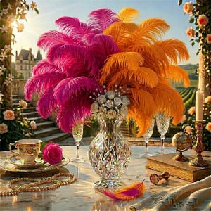 Peut inclure: Un vase en cristal rempli de plumes d'autruche rose vif et orange éclatant, agrémenté de petites fleurs blanches. L'ensemble repose sur une surface en marbre avec une tasse à thé, une rose rose, une chaîne dorée et une bougie.