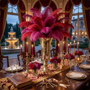 Pode incluir: Um vaso dourado alto cheio de penas de avestruz magenta e vermelhas vibrantes sobre uma mesa de jantar longa. A mesa é decorada com candelabros dourados, rosas vermelhas, um livro de visitas e chaves douradas, com uma fonte e jardim ao fundo.