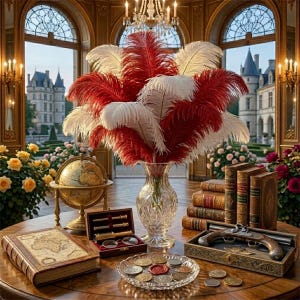 May include: A crystal vase filled with red and white ostrich feathers sits on a wooden table alongside a vintage globe, a stack of leather-bound books, a small wooden box containing a brass telescope and spectacles, and a decorative pistol.