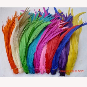 May include: A collection of colorful feathers in various shades of orange, white, green, blue, pink, red, purple, and yellow. The feathers are arranged in a row, with the tips of the feathers facing the viewer.
