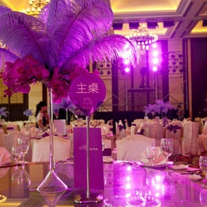 May include: A purple feather centerpiece with pink flowers in a clear glass vase on a table with purple tablecloths and glasses. The table is set for a wedding reception. A sign with the Chinese character for "main" is on the table.