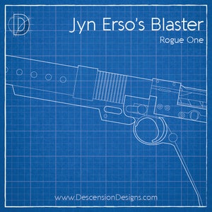 May include: A blueprint style illustration of Jyn Erso's Blaster from the movie Rogue One. The image is on a blue background with white lines.