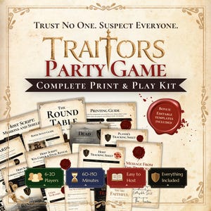 May include: A Traitors Party Game complete print and play kit featuring a collection of game cards and documents with titles like The Round Table, Host Script, and Printing Guide. The design includes a red wax seal graphic and text.