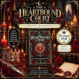 May include: A digital product titled The Heartbound Court, a fae romantasy solo journalling RPG. The cover features a red heart, a gold crown, and red roses. Text includes 35-page PDF, instant digital download, and prompts for love, quests, and choices.
