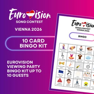 Könnte beinhalten: Werbebild für eine Eurovision Song Contest Viewing Party. Es zeigt eine Bingokarte mit verschiedenen Event-bezogenen Symbolen und Text, das Event-Logo und den Text "Vienna 2026". Das Set enthält 10 Bingokarten für bis zu 10 Gäste.