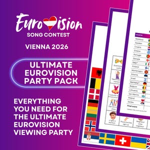 May include: A purple graphic advertising the Eurovision Song Contest in Vienna 2026. The text promotes an "ULTIMATE EUROVISION PARTY PACK" with everything needed for a viewing party. Includes country flags and score sheets.
