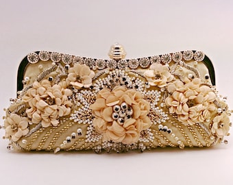 MazCollection flower pattern with faux pearl, crystal evening bag.