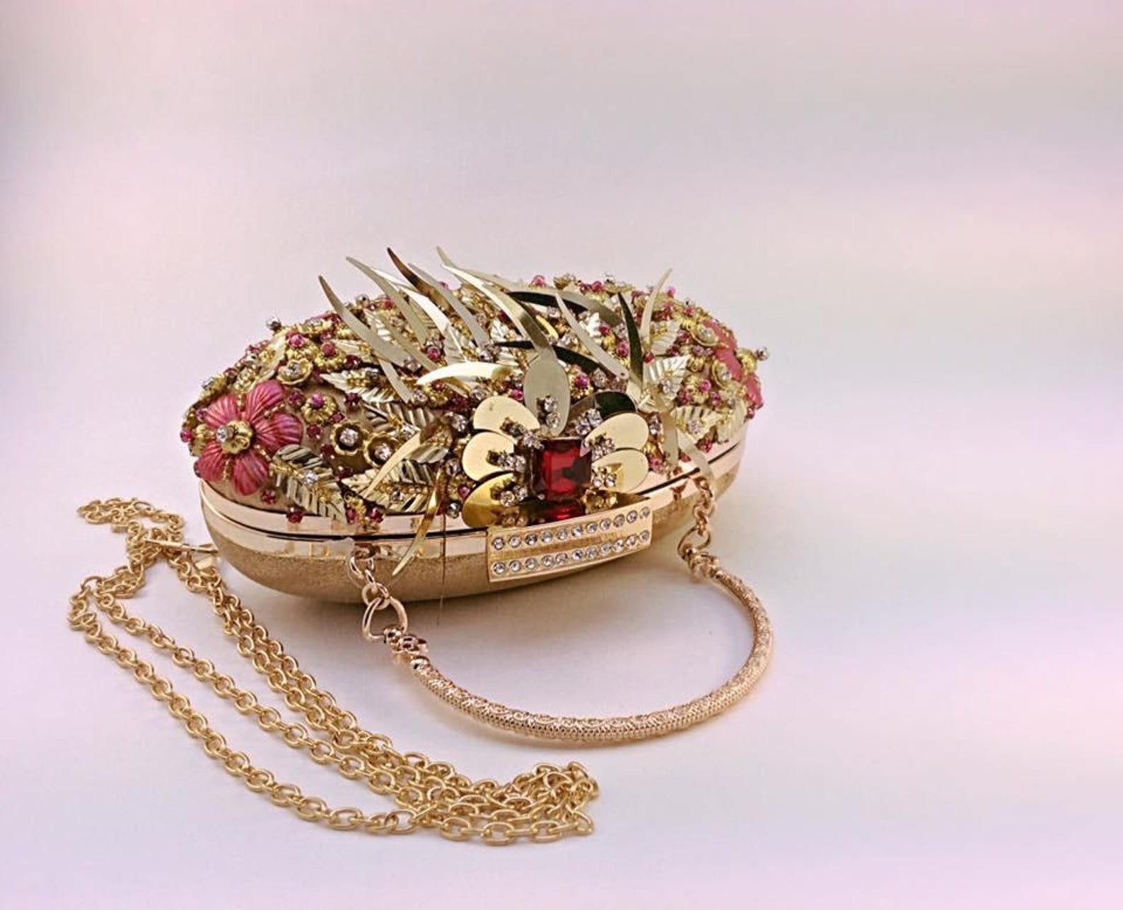 Unique Beaded Clutch, Embellished Clutch,crystal Clutch,gold and Pink Clutch,embroidery Clutch