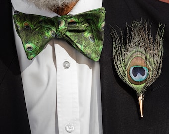 Peacock Feather Print Bow Tie – Self-Tie or Pre-Tied Options