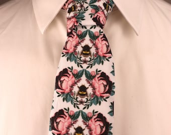 Corbata de algodón con estampado floral de abejas