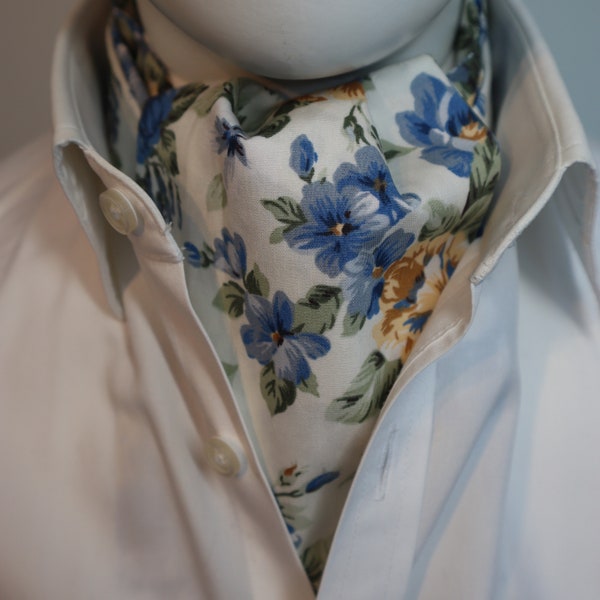 Peony Rose Blue Print Cotton Ascot Cravat