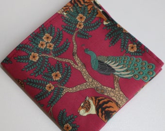 Burgundy Tiger Peacock Print Pocket Square