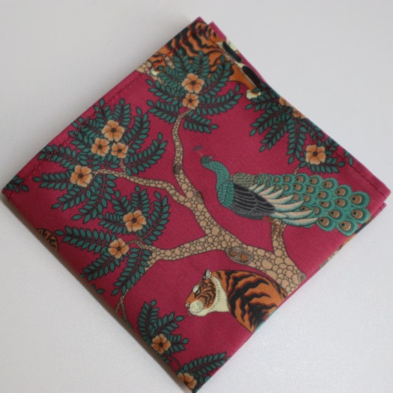 Burgundy Tiger Peacock Print Pocket Square