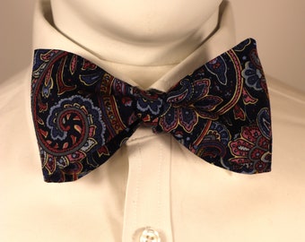 Navy Blue Paisley Print Self-Tie Bow Tie